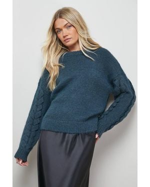 Oasis Cable Knit Sleeve Crew Neck Cozy Sweater - Blue