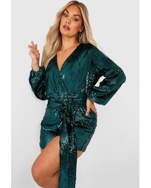 Boohoo Plus Velvet Sequin Tie Waist Playsuit - Green
