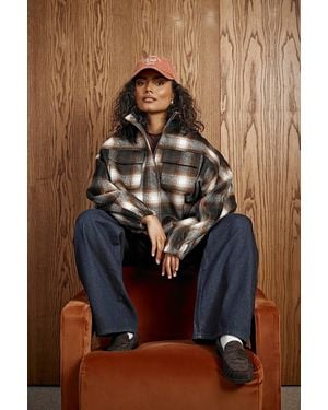 Boohoo Check Funnel Neck Wool Look Bomber Jacket - Brown