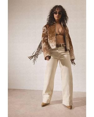 Nasty Gal Animal Cow Hide Leather Zip Through Fringe Jacket - Brown