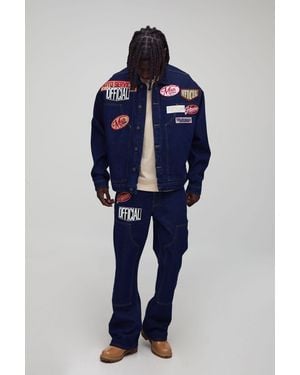 BoohooMAN Varsity Badge Applique Denim Worker Jacket - Blue