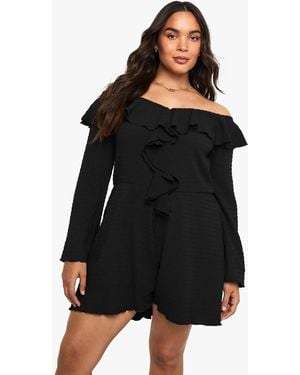Boohoo Plus Textured Ruffle Bardot Romper - Black