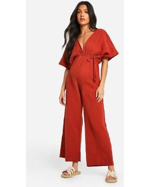 Boohoo Maternity Rope Belted Wide Leg Jumpsuit - Red