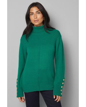 Wallis Rib Panel Button Sleeve Sweater - Green