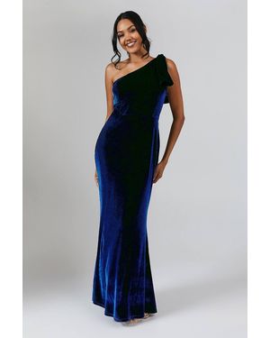 Coast Bow One Shoulder Velvet Bridesmaid Maxi Dress - Blue