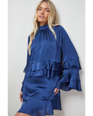 Oasis Layered Ruffle Sleeve Bow Back Mini Dress - Blue