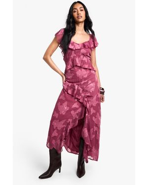 Boohoo Jacquard Floral Ruffle Maxi Dress - Red