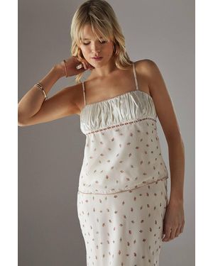 Warehouse Ruched Bust Lace Trim Milkmaid Strappy Top - Brown