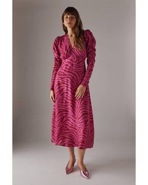 Warehouse Zebra Print Viscose V Neck Long Puff Sleeve Midi Dress - Pink