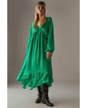 Warehouse Shadow Stripe Volume Sleeve Hanky Hem Midaxi Dress - Green