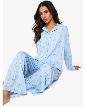 Boohoo Pijama Petite De Pantalón Largo Y Camisa Con Lazo - Azul