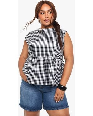 Boohoo Plus Gingham Tie Side Smock Top - Blue