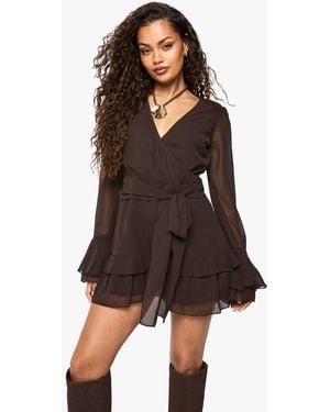 Boohoo Flare Sleeve Chiffion Wrap Playsuit - Brown