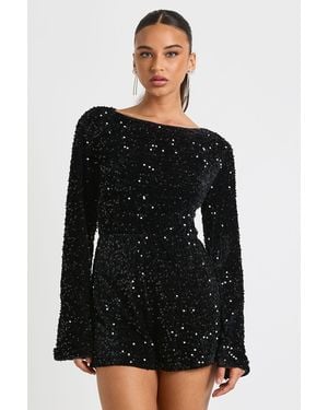 Boohoo Velvet Sequin Flare Sleeve Playsuit - Negro