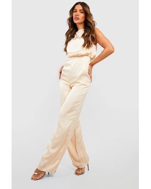Boohoo Satin Wide Leg Jumpsuit - Natural