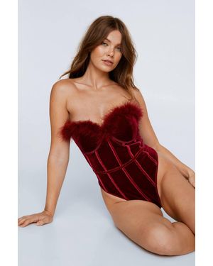 Nasty Gal Velvet Feather Trim Underwire Corset One Piece - Red