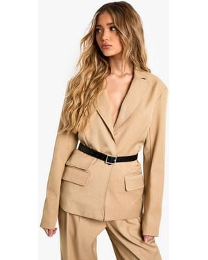Boohoo Marl Tailored Belted Single Breast Blazer - Natural