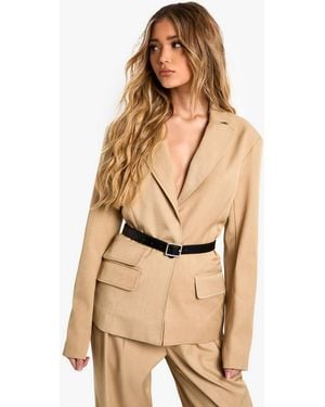 Boohoo Marl Tailored Belted Single Breast Blazer - Natural
