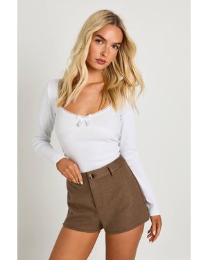 Boohoo Rib Lace Trim Detail Sweetheart Neck Long Sleeve Top - White