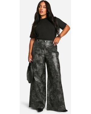 Boohoo Plus Washed Faux Leather Wide Leg Trouser - Black