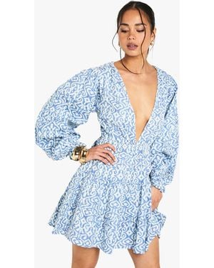 Boohoo Printed Linen Look Plunge Long Sleeve Mini Dress - Blue