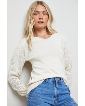 Oasis V Neck Scallop Detail Bow Pointelle Sweater - White