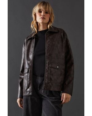 Warehouse Whipstitch Faux Leather Zip Through Jacket - Black