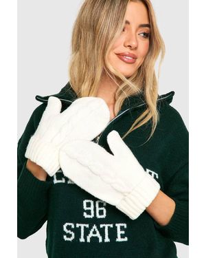 Boohoo Cable Knit Mitten Gloves - White
