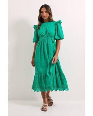 Dorothy Perkins Cutwork Ruffle Sleeve Puff Sleeve Midi Dress - Green