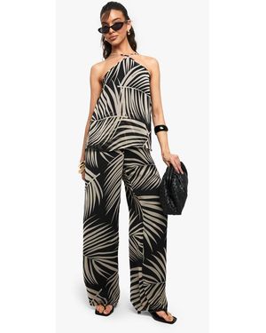 Boohoo Palm Print Chiffon Wide Leg Jumpsuit - Black
