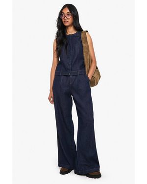 Boohoo High Waist Pleated Wide Leg Jeans - Blue
