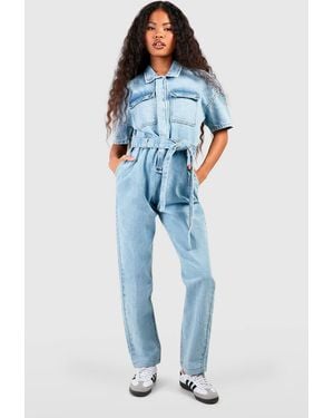 Boohoo Petite Denim Short Sleeve Belted Boilersuit - Blue