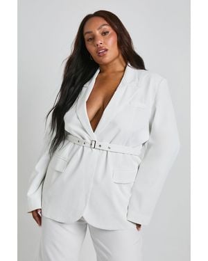 Boohoo Plus Tailored Tie Belt Wrap Blazer - White