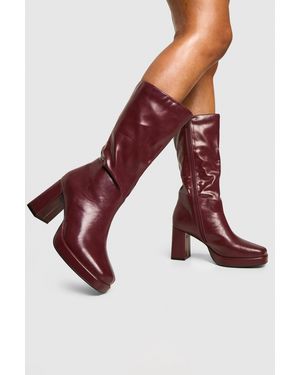 Boohoo Platform Calf High Boots - Red