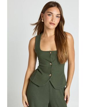 Boohoo Crinkle Rib Scoop Neck Button Through Top - Green