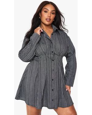 Boohoo Plus Textured Stripe Cinched Shirt Dress - Gray