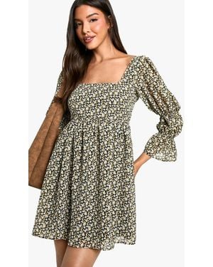 Boohoo Floral Gathered Puff Sleeve Smock Dress - Black