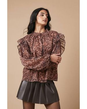 Oasis Animal Printed Metallic Chiffon Tie Neck Blouse - Multicolor