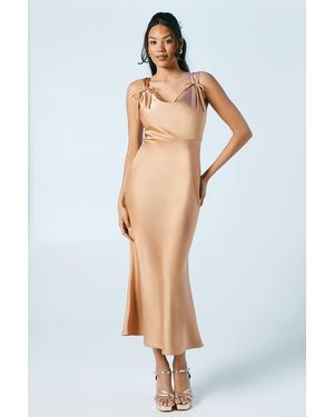 Oasis Bow Strap Detail Satin Midi Bridesmaid Dress - Brown