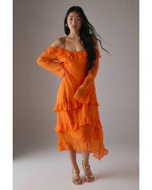 Warehouse Petite Chiffon Ruffle Cold Shoulder Midi Dress - Orange