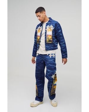 BoohooMAN Boxy Denim Cross Applique Crinkle Washed Harrington - Blue