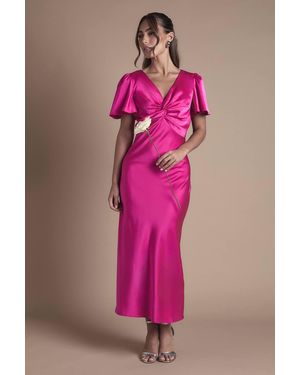 Oasis Satin Twist Front Angel Sleeve Midi Bridesmaid Dress - Pink