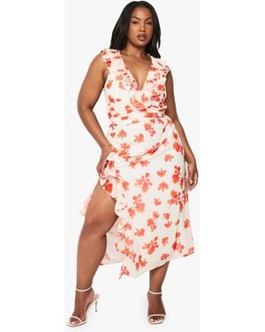 Boohoo Plus Floral Chiffon Ruffle Wrap Dress - White