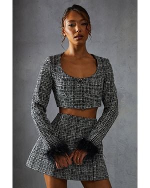 MissPap Boucle Feather Trim Cropped Jacket - Gray