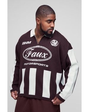 Boohoo Plus Oversized Boxy Football Knitted Long Sleeve Polo - Brown