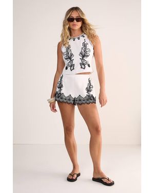 Nasty Gal Cotton Embroidered Scallop Hem Shorts - White