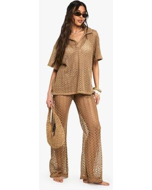 Boohoo Crochet Wide Leg Beach Trouser - Natural