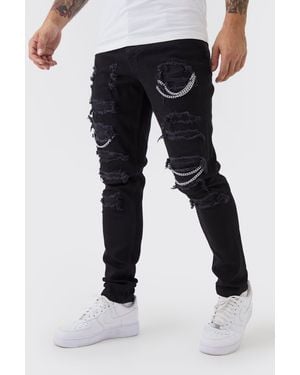 BoohooMAN Skinny Stretch Ripped Chain Jeans - Black