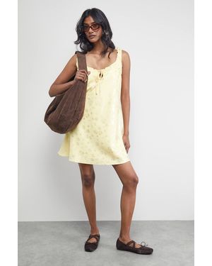 Warehouse Satin Jacquard Ruched Bust Tie Mini Slip Dress - Yellow