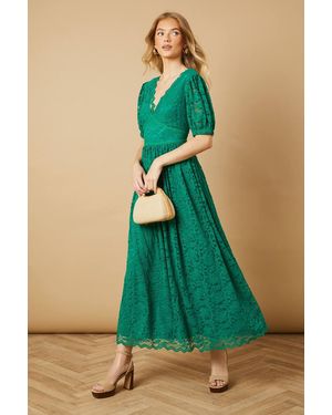 Oasis Lace Puff Sleeve V Neck Midaxi Dress - Green
